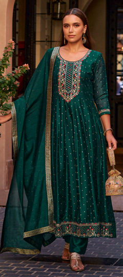 Green color Salwar Kameez in Silk fabric with Embroidered, Resham, Sequence, Thread work