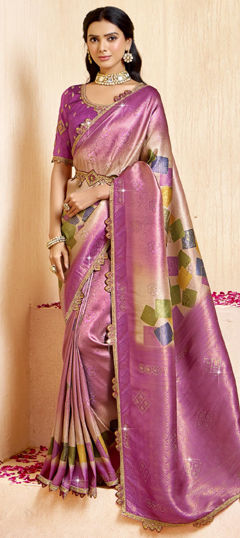 Pink and Majenta color Saree in Silk fabric with Lace, Sequence, Weaving work