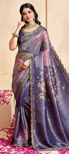 Blue color Saree in Silk fabric with Lace, Sequence, Weaving work