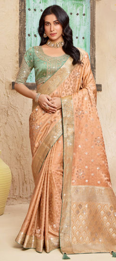 Beige and Brown color Saree in Silk fabric with Weaving work