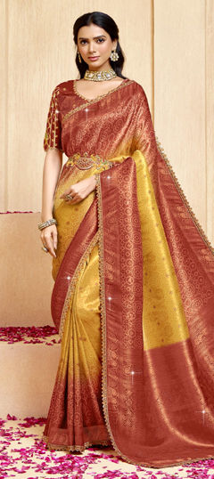 Beige and Brown, Yellow color Saree in Silk fabric with Lace, Sequence, Weaving work