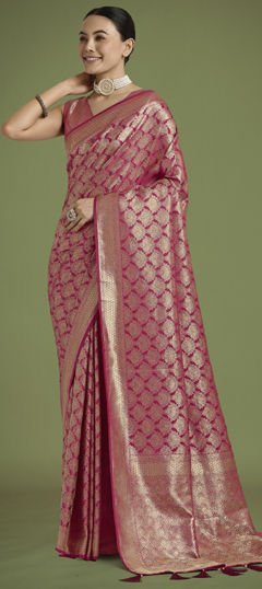 Pink and Majenta color Saree in Banarasi Silk fabric with Weaving work