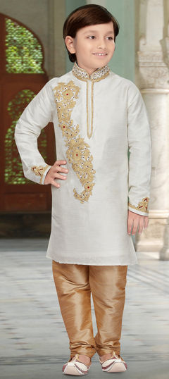 202074: White and Off White color Boys Kurta Pyjama in Art Dupion Silk fabric with Embroidered, Stone, Thread, Zari work