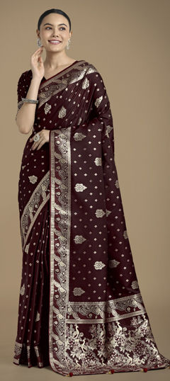 Red and Maroon color Saree in Banarasi Silk fabric with Weaving work