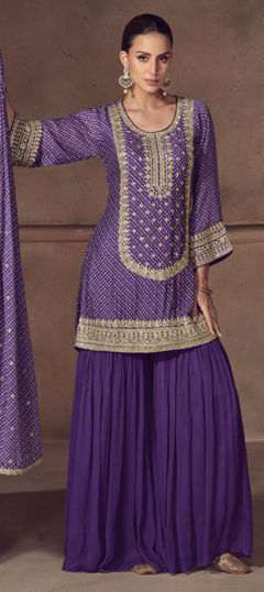 Purple and Violet color Salwar Kameez in Chinon Silk fabric with Bandhej, Printed, Sequence work