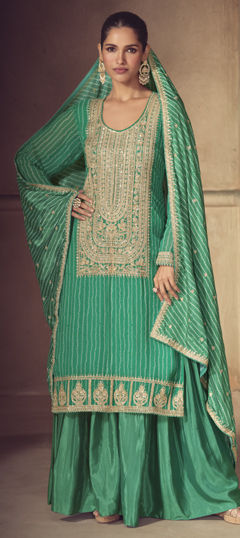 Green color Salwar Kameez in Chinon Silk fabric with Bandhej, Printed, Sequence work
