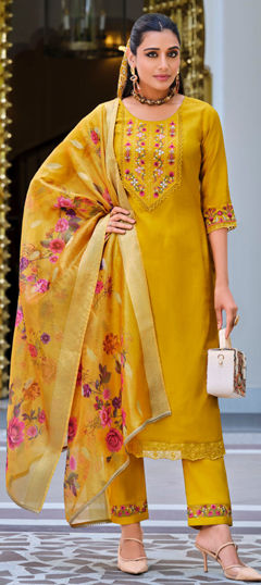 Yellow color Salwar Kameez in Viscose fabric with Bugle Beads, Cut Dana, Embroidered, Resham work