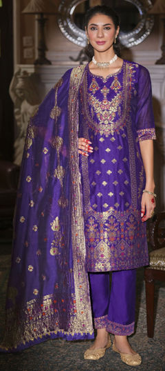 Purple and Violet color Salwar Kameez in Banarasi Silk fabric with Weaving work