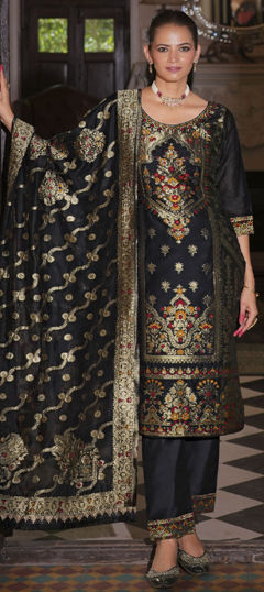 Black and Grey color Salwar Kameez in Banarasi Silk fabric with Weaving work