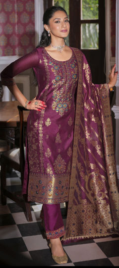 Pink and Majenta color Salwar Kameez in Banarasi Silk fabric with Weaving work