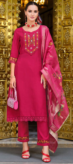 Pink and Majenta color Salwar Kameez in Viscose fabric with Bugle Beads, Cut Dana, Embroidered, Resham work