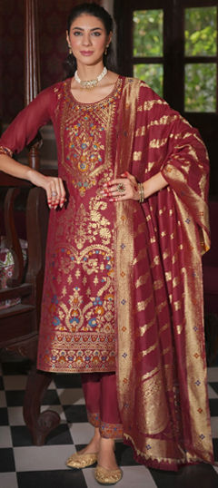 Red and Maroon color Salwar Kameez in Banarasi Silk fabric with Weaving work