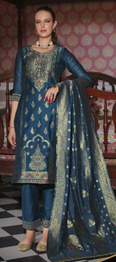 Blue color Salwar Kameez in Banarasi Silk fabric with Weaving work