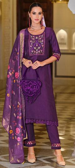 Purple and Violet color Salwar Kameez in Viscose fabric with Bugle Beads, Cut Dana, Embroidered, Resham work