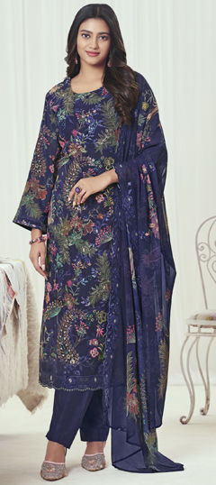 Blue color Salwar Kameez in Georgette fabric with Digital Print, Floral, Resham, Sequence, Thread work