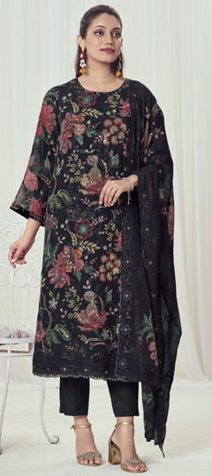 Black and Grey color Salwar Kameez in Georgette fabric with Digital Print, Floral, Resham, Sequence, Thread work