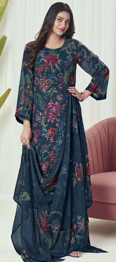 Blue color Salwar Kameez in Georgette fabric with Digital Print, Floral, Resham, Sequence, Thread work
