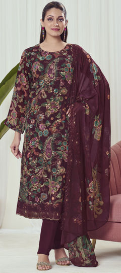 Red and Maroon color Salwar Kameez in Georgette fabric with Digital Print, Floral, Resham, Sequence, Thread work