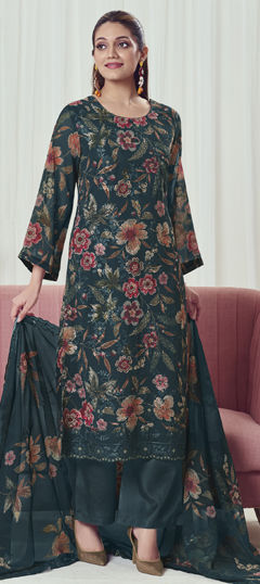 Blue color Salwar Kameez in Georgette fabric with Digital Print, Floral, Printed, Sequence, Thread work