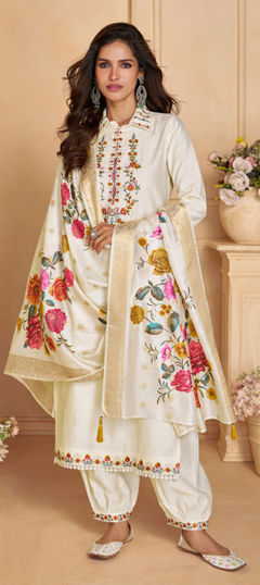 White and Off White color Salwar Kameez in Viscose fabric with Cut Dana, Embroidered, Resham, Thread work