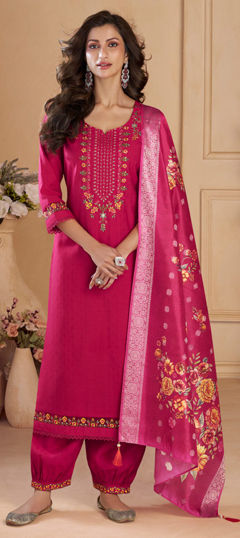 Pink and Majenta color Salwar Kameez in Viscose fabric with Cut Dana, Embroidered, Resham, Thread work