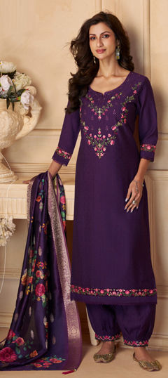 Purple and Violet color Salwar Kameez in Viscose fabric with Cut Dana, Embroidered, Resham, Thread work