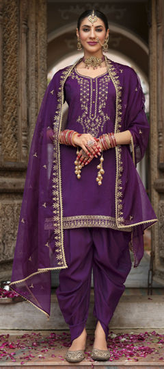 Purple and Violet color Salwar Kameez in Viscose fabric with Embroidered, Sequence, Thread work