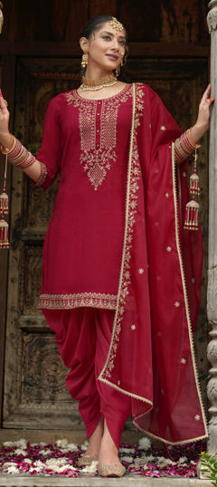 Red and Maroon color Salwar Kameez in Viscose fabric with Embroidered, Sequence, Thread work