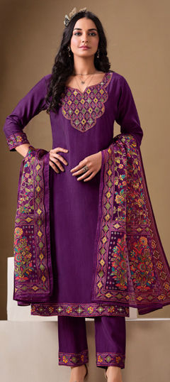 Purple and Violet color Salwar Kameez in Roman Silk fabric with Mirror, Stone, Weaving work
