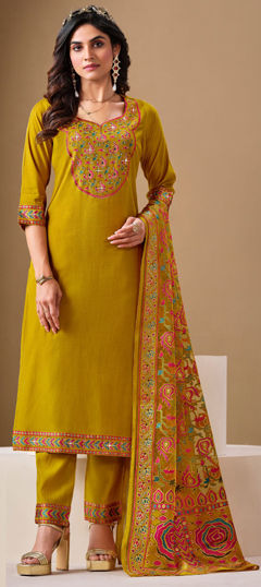 Yellow color Salwar Kameez in Roman Silk fabric with Mirror, Stone, Weaving work