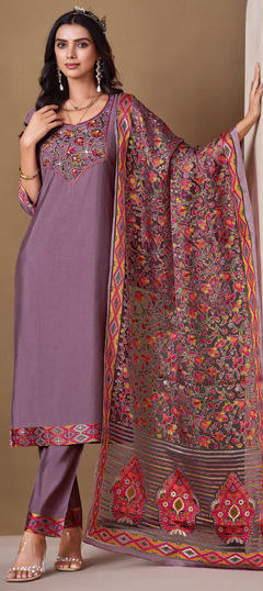 Purple and Violet color Salwar Kameez in Roman Silk fabric with Mirror, Stone, Weaving work