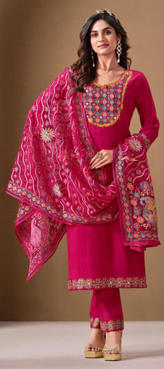 Pink and Majenta color Salwar Kameez in Roman Silk fabric with Mirror, Stone, Weaving work