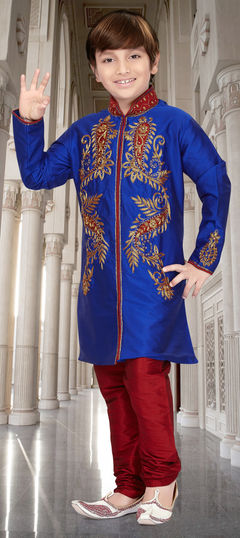 202081: Blue color Boys Kurta Pyjama in Silk fabric with Embroidered, Stone, Thread, Zari work