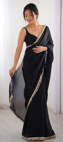 Black and Grey color Saree in Satin Silk fabric with Lace, Sequence work