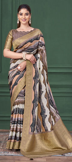 Purple and Violet color Saree in Tussar Silk fabric with Digital Print, Weaving work