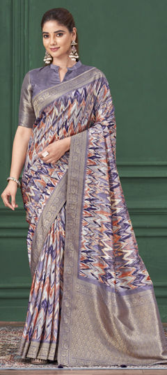 Purple and Violet color Saree in Tussar Silk fabric with Digital Print, Weaving work