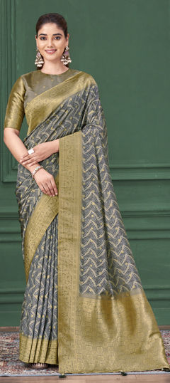 Black and Grey color Saree in Tussar Silk fabric with Digital Print, Weaving work