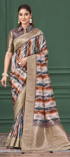 Purple and Violet color Saree in Tussar Silk fabric with Digital Print, Weaving work