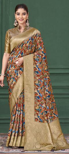 Beige and Brown color Saree in Tussar Silk fabric with Digital Print, Weaving work