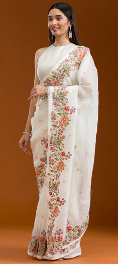 White and Off White color Saree in Chiffon fabric with Embroidered work