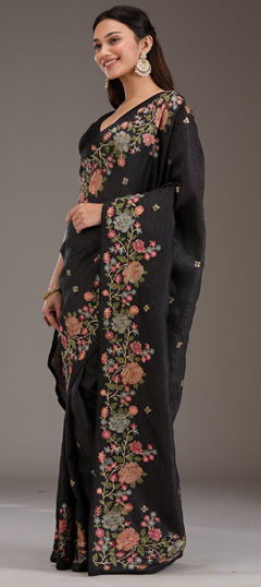 Black and Grey color Saree in Chiffon fabric with Embroidered work