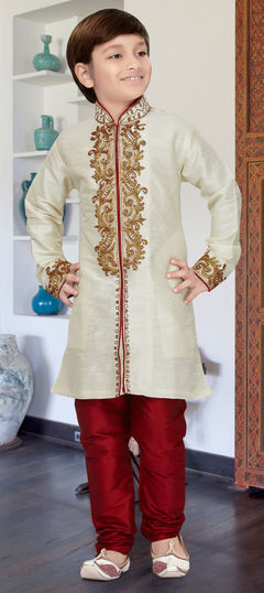 202082: White and Off White color Boys Kurta Pyjama in Art Dupion Silk fabric with Embroidered, Stone, Thread, Zari work