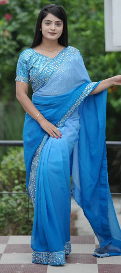Blue color Saree in Faux Georgette fabric with Border, Sequence work
