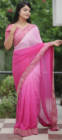 Pink and Majenta color Saree in Faux Georgette fabric with Border, Sequence work