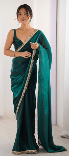Blue color Saree in Satin Silk fabric with Lace, Sequence work