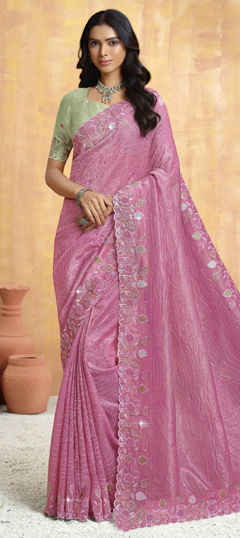 Pink and Majenta color Saree in Silk fabric with Bugle Beads, Embroidered, Sequence work