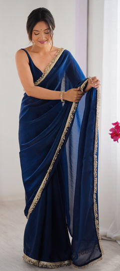 Blue color Saree in Satin Silk fabric with Lace, Sequence work