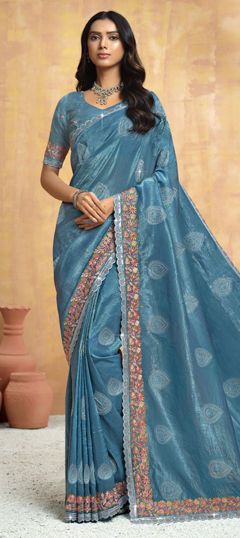 Blue color Saree in Silk fabric with Bugle Beads, Embroidered, Sequence work