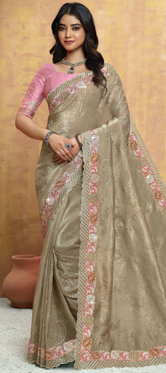 Beige and Brown color Saree in Silk fabric with Bugle Beads, Embroidered, Sequence work