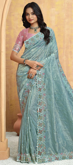 Blue color Saree in Silk fabric with Bugle Beads, Embroidered, Sequence work